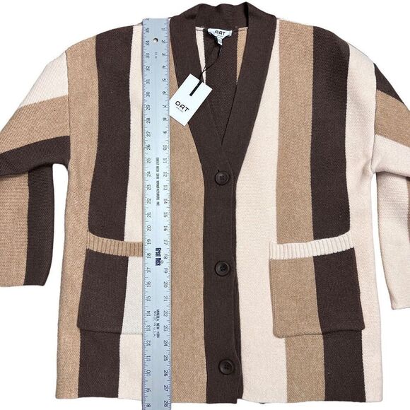 Oat New York Sweater WMNS S Brown Striped Cardigan Preppy Grandpa Monotone Tan - Picture 2 of 9